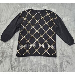 Vintage Work in Progress Beaded Sequin Diamond Bow Sweater L Black Silver Gold